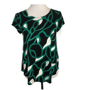 Alfani Printed T-shirt Scoop Neck Pull Over Shirt Green Black And White Size XS